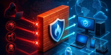 Ilustrasi firewall untuk melindungi komputer dan jaringan